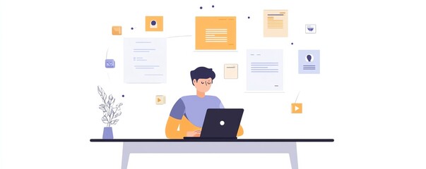 Fototapete - Laptop user managing digital documents, icons representing text, images, and data points floating above, minimalist and sleek design, generative AI concept