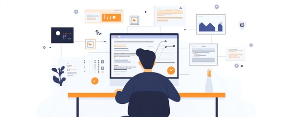Fototapete - Laptop user managing digital documents, icons representing text, images, and data points floating above, minimalist and sleek design, generative AI concept