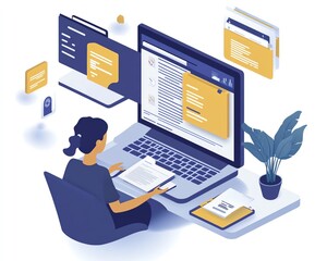 Fototapete - Person accessing an online document management platform on their laptop, digital documents and icons floating on the screen, innovative generative AI technology