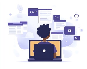 Fototapete - Person accessing an online document management platform on their laptop, digital documents and icons floating on the screen, innovative generative AI technology
