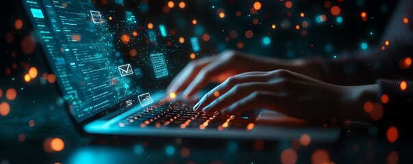 Poster - Person s hands typing on a laptop with floating digital icons, representing secure document management and data protection, sleek generative AI design
