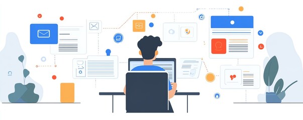 Fototapete - Person using a laptop interface to create and manage digital documents, with icons representing text, images, and data points, generative AI concept