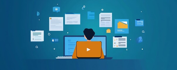 Fototapete - Person using a laptop to access an online document management system, with digital documents and floating icons around them, generative AI theme