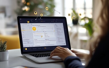 Aufkleber - Person using laptop to navigate online document management system, with digital documents and floating icons representing data, text, and images, generative AI design