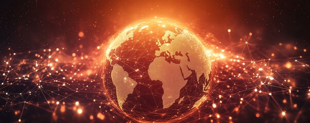 Poster - AIdriven global business network, vibrant globe surrounded by interconnected people and digital icons, futuristic style, high contrast, global tech feel