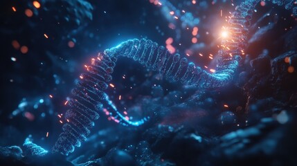 Poster - The complex structure of DNA amidst a rich backdrop of luminous particles, showcasing scientific beauty and wonder. Generative AI
