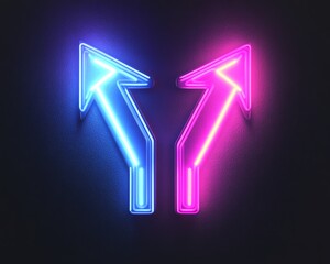 Poster - Neon arrows in blue and purple, pointing in opposite directions, with a black gradient background, generative AI futuristic glow