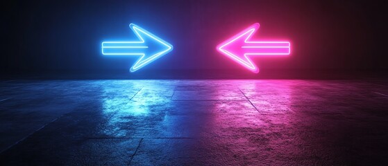 Aufkleber - Neon arrows in blue and purple, pointing left and right, set against a dark background with a black gradient, generative AI digital lighting