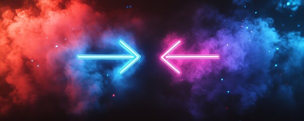 Poster - Neon arrows in blue and purple, pointing to the left and right on a dark background, with a dynamic generative AI lighting design