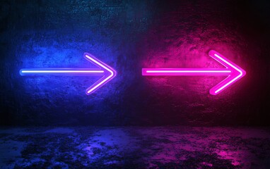 Poster - Neon blue and purple arrows pointing left and right on a dark background, glowing with a vibrant generative AI effect