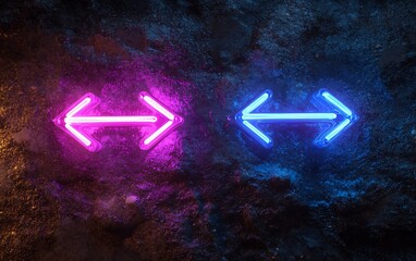 Aufkleber - Neon blue and purple arrows pointing left and right on a dark background, glowing with a vibrant generative AI effect