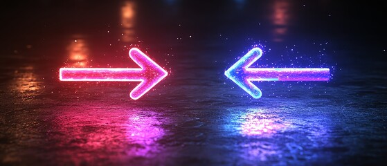 Aufkleber - Neon blue arrow pointing right and neon purple arrow pointing left, set against a dark background, dynamic generative AI aesthetic