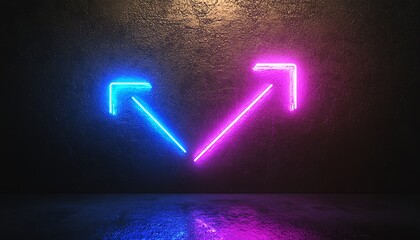 Aufkleber - Neon blue arrow pointing right and neon purple arrow pointing left, set against a dark background, dynamic generative AI aesthetic