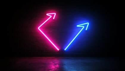 Aufkleber - Neon blue arrow pointing right and neon purple arrow pointing left, set against a dark background, dynamic generative AI aesthetic