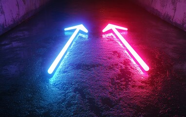 Aufkleber - Two glowing neon arrows, blue and purple, pointing in opposite directions on a dark background, generative AI lighting concept