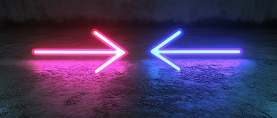 Aufkleber - Two neon arrows, blue and purple, glowing against a black gradient backdrop, pointing to the left and right, generative AIinspired neon glow