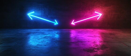 Poster - Two neon arrows, blue and purple, glowing against a black gradient backdrop, pointing to the left and right, generative AIinspired neon glow
