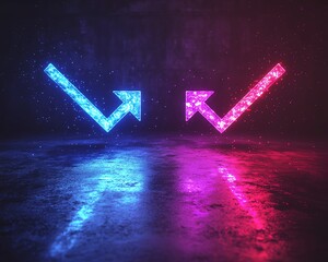 Aufkleber - Two neon arrows, blue and purple, pointing left and right, glowing vividly against a solid black background, generative AI neon glow