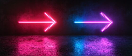 Aufkleber - Two neon arrows, blue and purple, glowing against a black gradient backdrop, pointing to the left and right, generative AIinspired neon glow