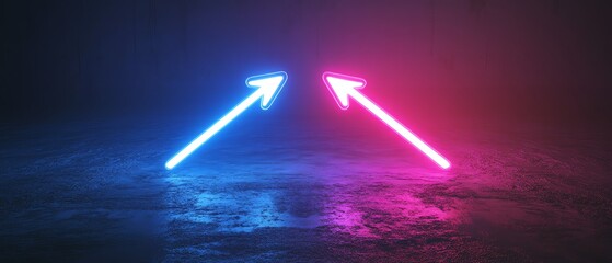 Aufkleber - Two neon arrows, blue and purple, glowing against a black gradient backdrop, pointing to the left and right, generative AIinspired neon glow