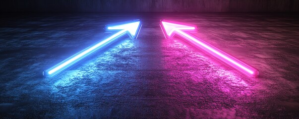 Poster - Two neon arrows, blue and purple, pointing left and right, glowing vividly against a solid black background, generative AI neon glow