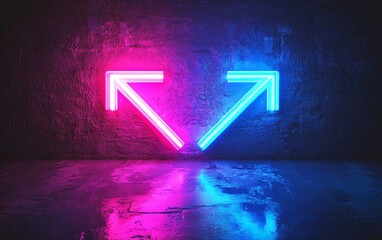 Poster - Two neon arrows, blue and purple, pointing left and right, glowing vividly against a solid black background, generative AI neon glow