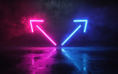 Poster - Two neon arrows, blue and purple, pointing left and right, glowing vividly against a solid black background, generative AI neon glow