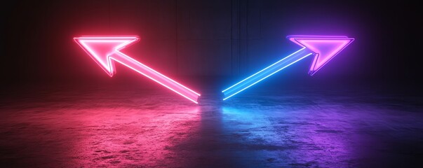 Aufkleber - Two neon arrows, blue and purple, pointing to the right and left, against a dark black backdrop, generative AI digital lighting