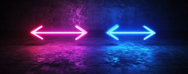 Aufkleber - Two neon arrows, blue and purple, pointing to the right and left, against a dark black backdrop, generative AI digital lighting