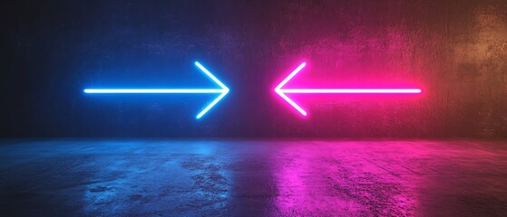 Aufkleber - Two neon arrows, one blue and one purple, pointing left and right on a dark background, striking generative AI neon effect