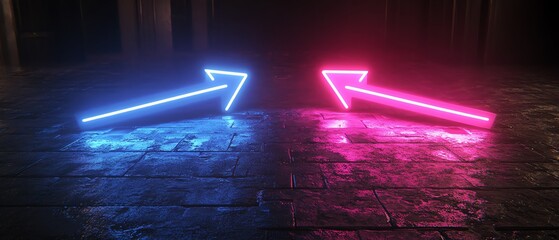 Aufkleber - Two neon arrows, one blue and one purple, pointing left and right on a dark background, striking generative AI neon effect