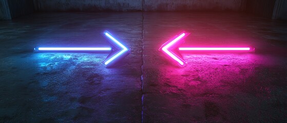 Aufkleber - Two neon arrows, one glowing blue and the other purple, pointing left and right, against a dark backdrop, generative AI neon light concept