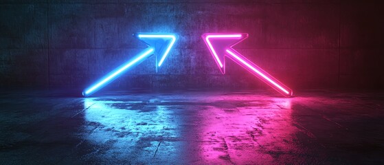 Poster - Two neon arrows, one glowing blue and the other purple, pointing left and right, against a dark backdrop, generative AI neon light concept