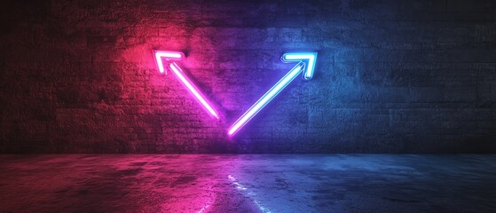 Aufkleber - Two neon arrows, one glowing blue and the other purple, pointing left and right, against a dark backdrop, generative AI neon light concept