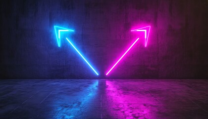 Poster - Two neon arrows, one in blue and the other in purple, pointing in opposite directions on a dark background, generative AI visual concept