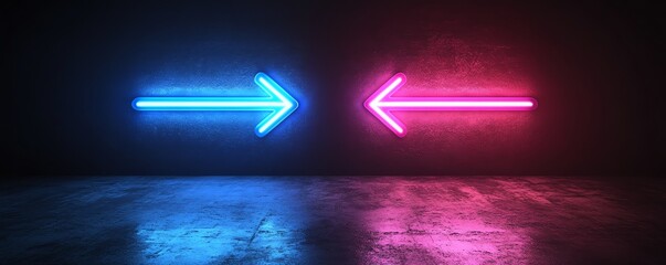 Poster - Two neon arrows, one with blue light and the other with purple light, pointing in opposite directions, dark background, generative AI visual concept