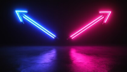 Poster - Two neon arrows pointing left and right, blue light on one arrow and purple light on the other, dark background, generative AI neon design