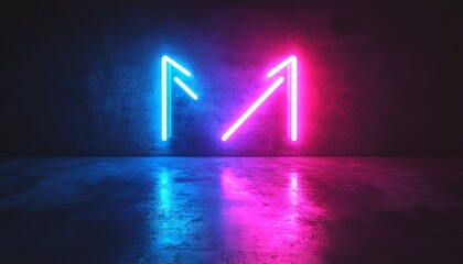 Poster - Two neon arrows pointing left and right on a dark background, glowing in blue and purple colors, generative AI neon design