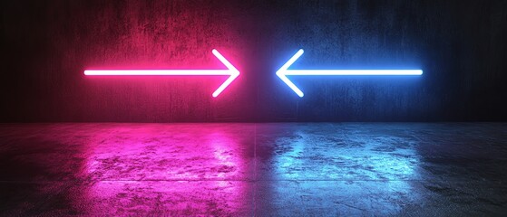 Poster - Two neon arrows pointing left and right, blue light on one arrow and purple light on the other, dark background, generative AI neon design