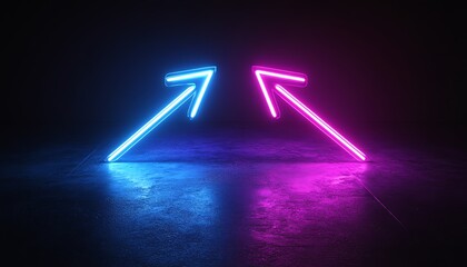 Poster - Two neon arrows pointing left and right, blue light on one arrow and purple light on the other, dark background, generative AI neon design