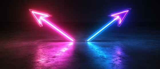 Poster - Two neon arrows pointing left and right, blue light on one arrow and purple light on the other, dark background, generative AI neon design