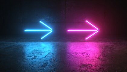 Poster - Two neon arrows pointing left and right, blue light on one arrow and purple light on the other, dark background, generative AI neon design