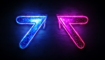 Poster - Two vibrant neon arrows, blue and purple, pointing left and right on a dark background, generative AI neon light design