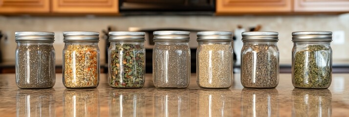 Poster - A row of glass jars containing a variety of pumpkin, hemp, and chia seeds is neatly arranged on a kitchen counter. Generative AI