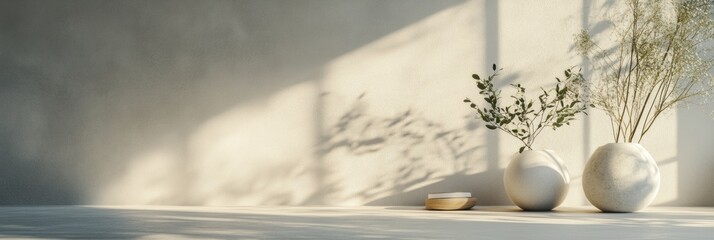 Poster - A calming arrangement of simple vases filled with greenery sits on a table, illuminated by soft sunlight creating delicate shadows. Generative AI