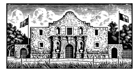 Wall Mural - alamo engraving black and white outline