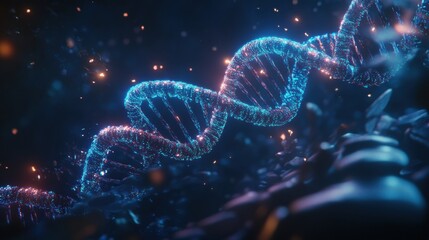 Aufkleber - A close-up view of DNA's double helix structure showcases its vibrant colors and intricate details against a dark backdrop, highlighting its beauty. Generative AI