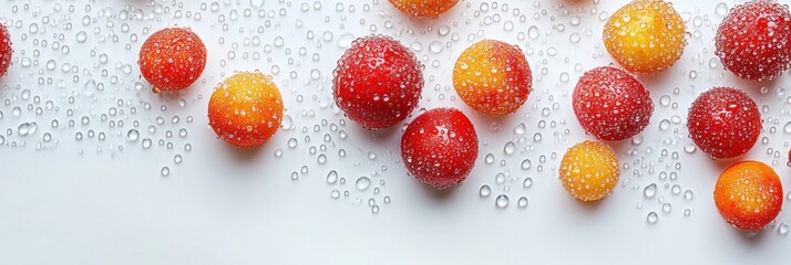 Poster - A variety of red and yellow plums are vividly displayed with water droplets, reflecting natural light in a clean kitchen. Generative AI