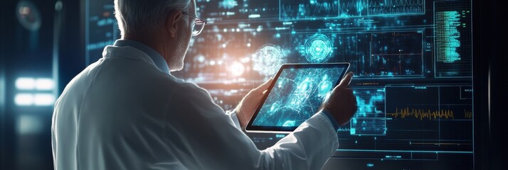 Fototapete - A doctor in a white coat examines medical data displayed on a tablet, surrounded by advanced technology in a modern laboratory environment. Generative AI