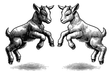 Wall Mural - two baby goats jumping black and white engraving black and white outline